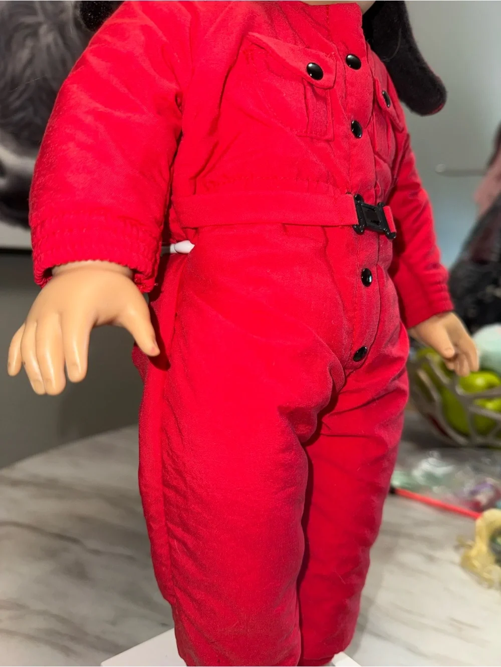 American Girl red snow suite & matching hat with plaid interior Molly’s collecti